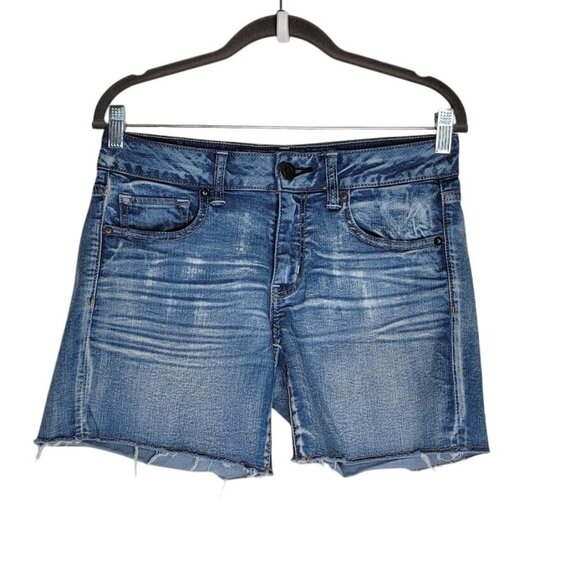 American Eagle Outfitters Blue Distressed Midi Denim Jean Shorts Size 8 Womens C - Picture 1 of 10